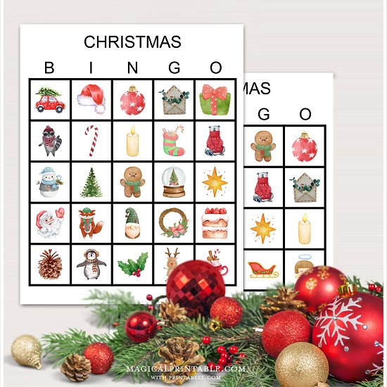 watercolor christmas bingo cards printable