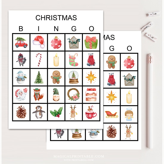 watercolor christmas bingo cards printable download