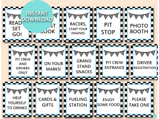 light blue racing car party signs