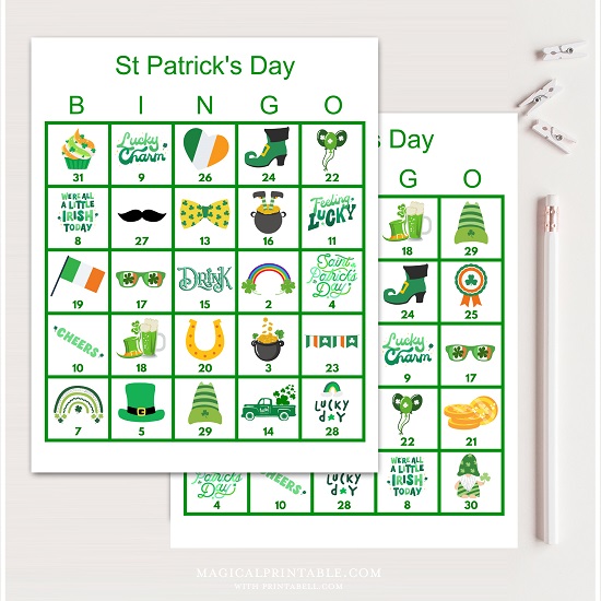 st patricks day bingo cards printable green