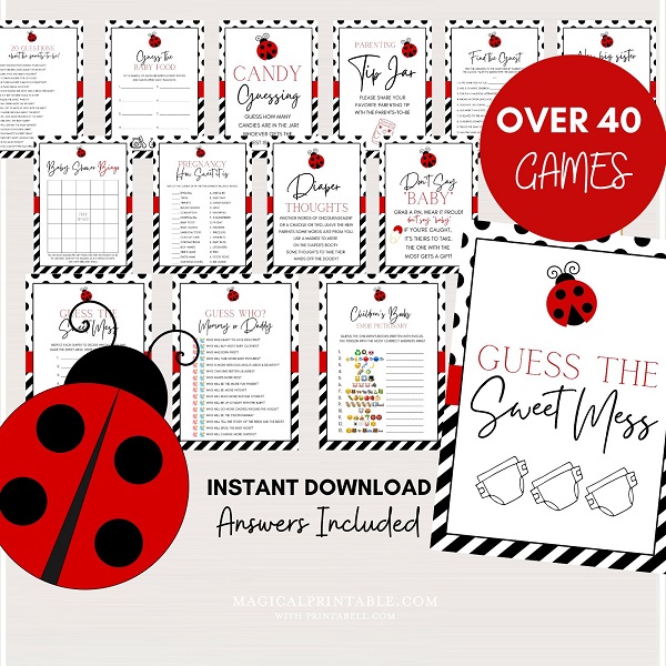 red ladybug themed baby shower game printables