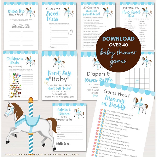 blue carousel baby shower games package