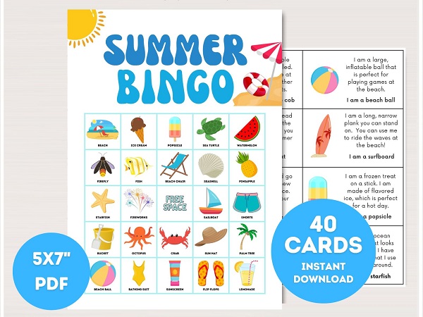 printable kids summer bingo cards with pictures