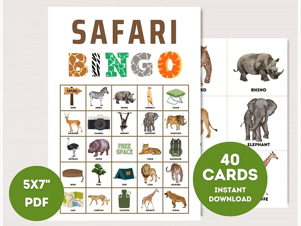printable safari jungle bingo cards