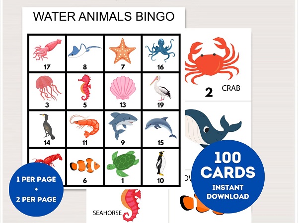 printable water animals bingo cards